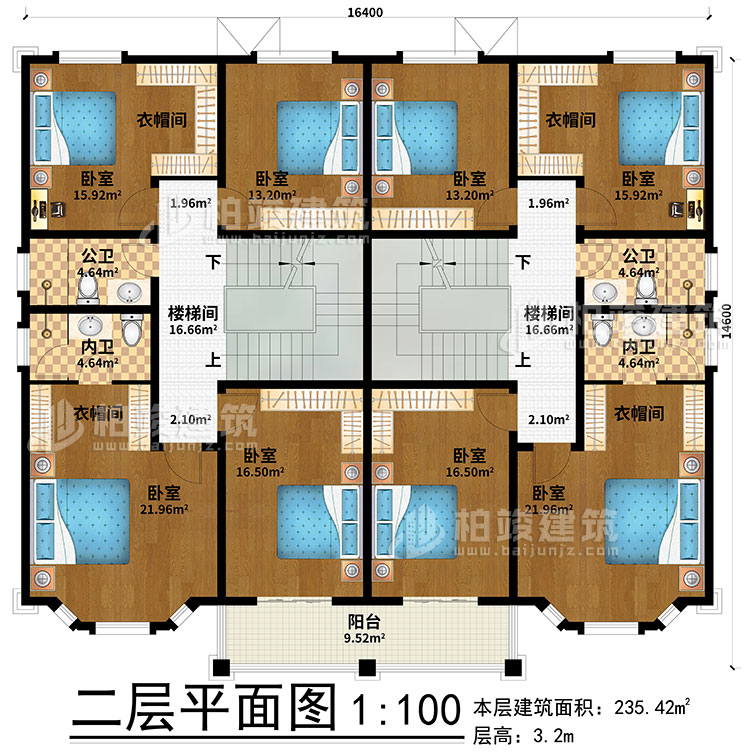 二層：2樓梯間、8臥室、4衣帽間、2公衛(wèi)、2內(nèi)衛(wèi)、陽臺
