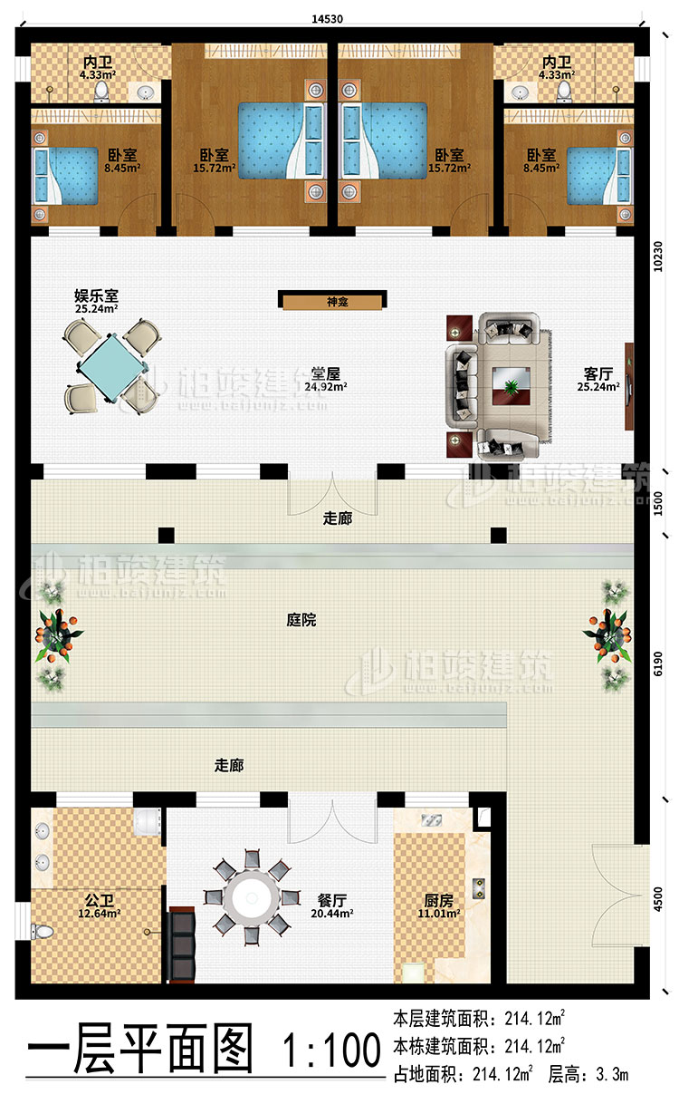 一層：2走廊、廚房、餐廳、堂屋、神龕、客廳、娛樂(lè)室、4臥室、2內(nèi)衛(wèi)、公衛(wèi)
