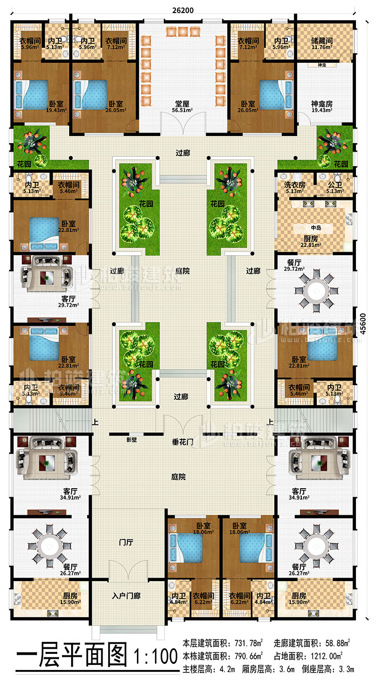 一層：入戶門廊、門廳、3餐廳、3廚房、3客廳、堂屋、神龕、神龕房、儲物間、6花園、4過廊、2庭院、影壁、垂花門、中島、洗衣房、公衛(wèi)、8臥室、8衣帽間、8內(nèi)衛(wèi)