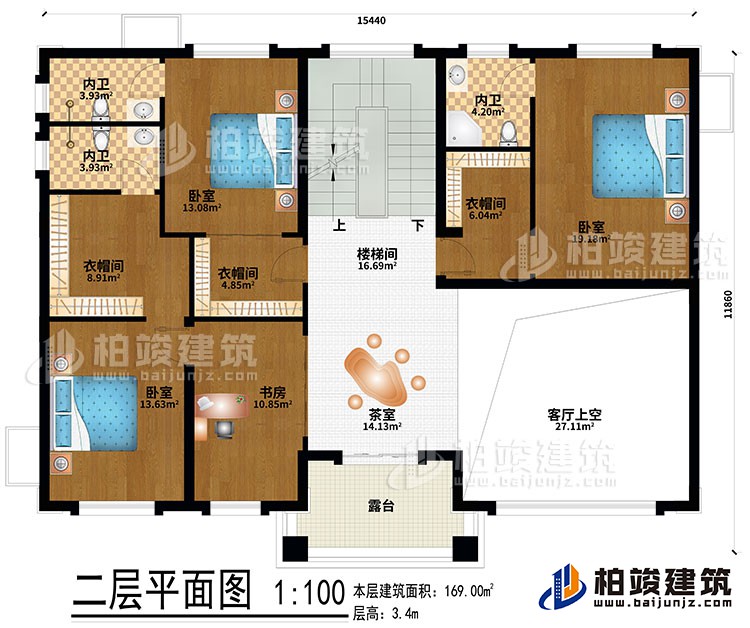 二層：茶室、樓梯間、客廳上空、3臥室、3衣帽間、書房、3內(nèi)衛(wèi)、露臺(tái)