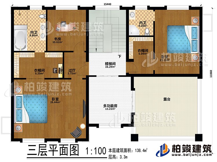 三層：2臥室、2衣帽間、過(guò)廳、書房、2內(nèi)衛(wèi)、多功能房、樓梯間、露臺(tái)