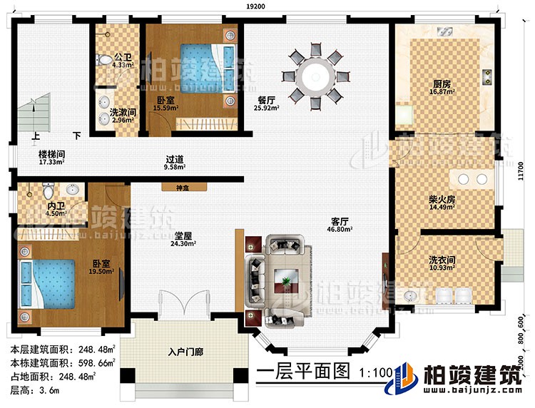 一層：入戶門廊、堂屋、神龕、客廳、餐廳、廚房、柴火房、2臥室、洗漱間、洗衣間、公衛(wèi)、內(nèi)衛(wèi)、過道、樓梯間