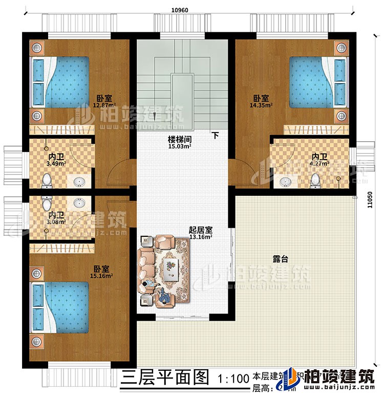三層：起居室、樓梯間、3臥室、3內(nèi)衛(wèi)、露臺(tái)