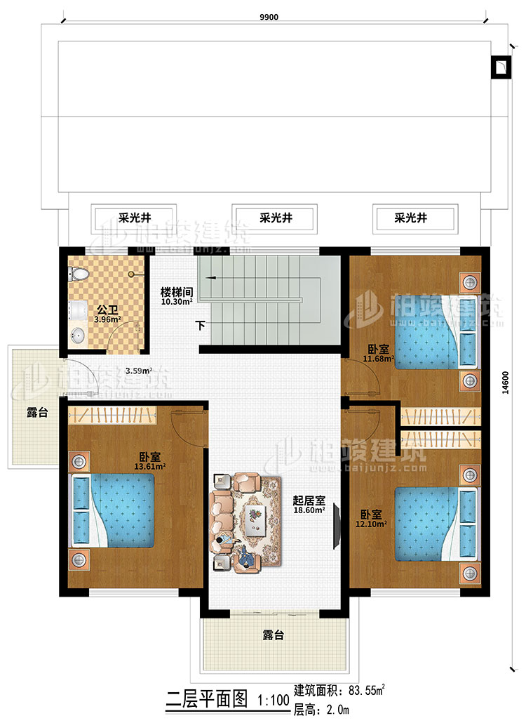 二層：3采光井、樓梯間、起居室、3臥室、2露臺(tái)