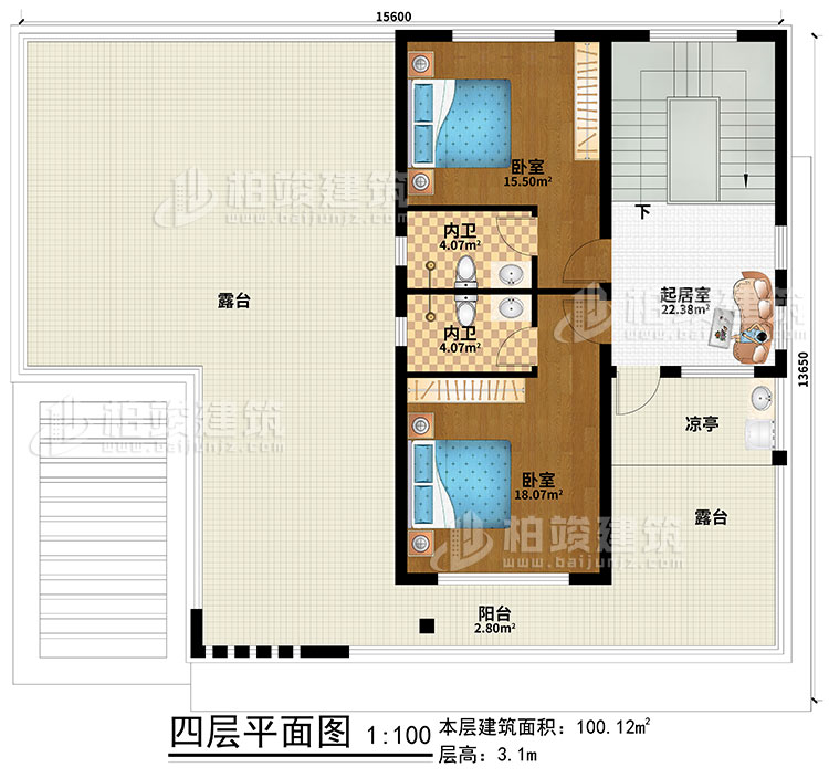 四層：起居室、2臥室、2內(nèi)衛(wèi)、涼亭、陽臺、2露臺