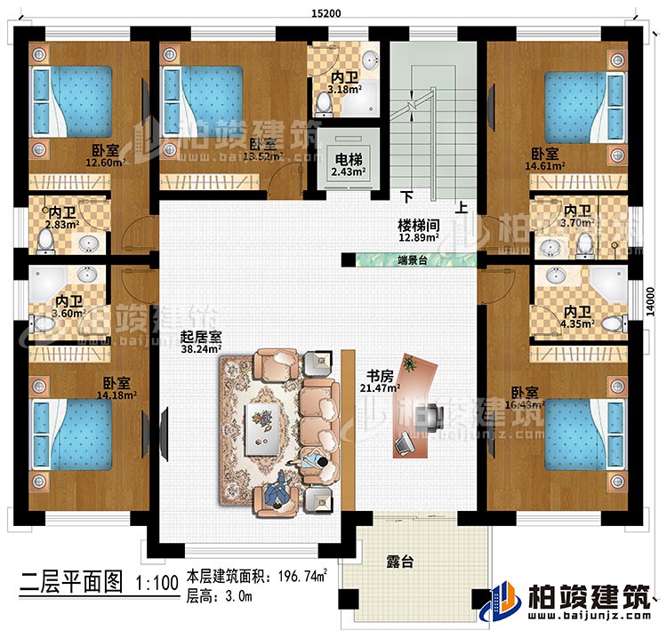 二層：樓梯間、端景臺(tái)、起居室、書房、5臥室、電梯、5內(nèi)衛(wèi)、露臺(tái)