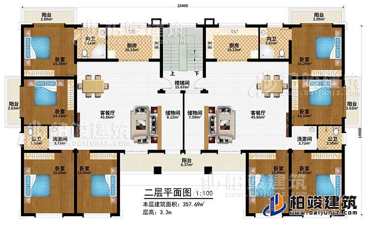 二層：樓梯間、2客餐廳、2儲物間、2廚房、8臥室、5陽臺、2內(nèi)衛(wèi)、2公衛(wèi)、2洗漱間