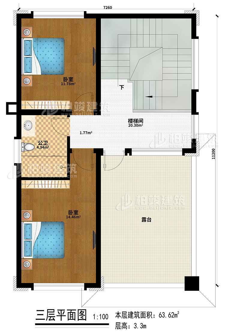 三層：2臥室、樓梯間、公衛(wèi)、露臺(tái)