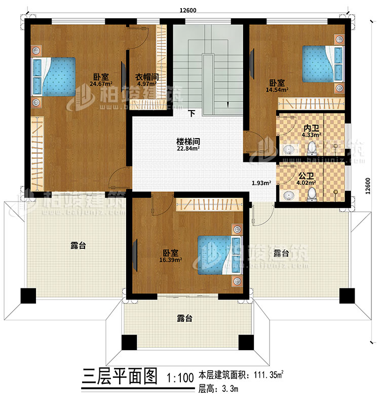 三層：樓梯間、3臥室、公衛(wèi)、內(nèi)衛(wèi)、3露臺、衣帽間