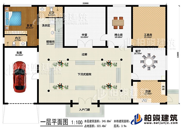 一層：入戶門廊、下沉式庭院、樓梯間、洗衣區(qū)、中堂、烤火房、工具房、餐廳、廚房、車庫、臥室、內(nèi)衛(wèi)、過廊