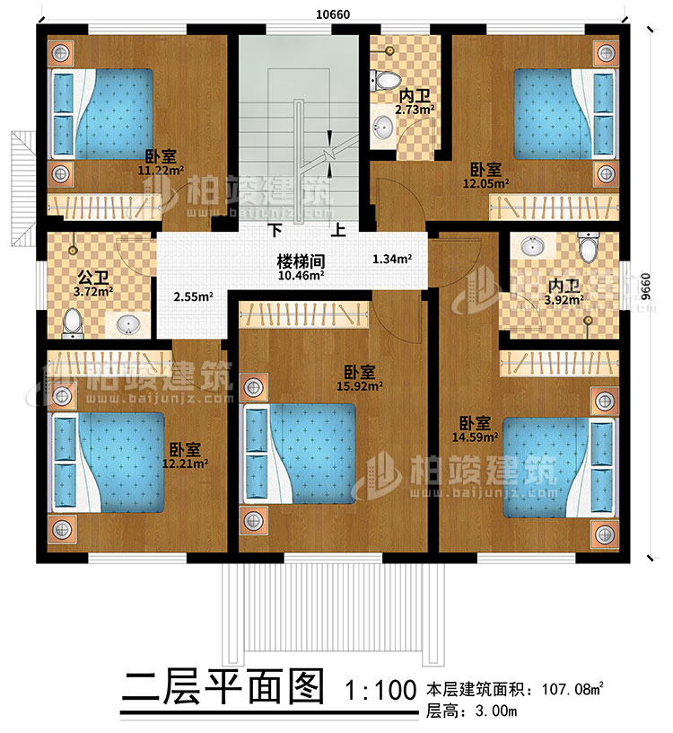 二層：5臥室、樓梯間、2內(nèi)衛(wèi)、公衛(wèi)