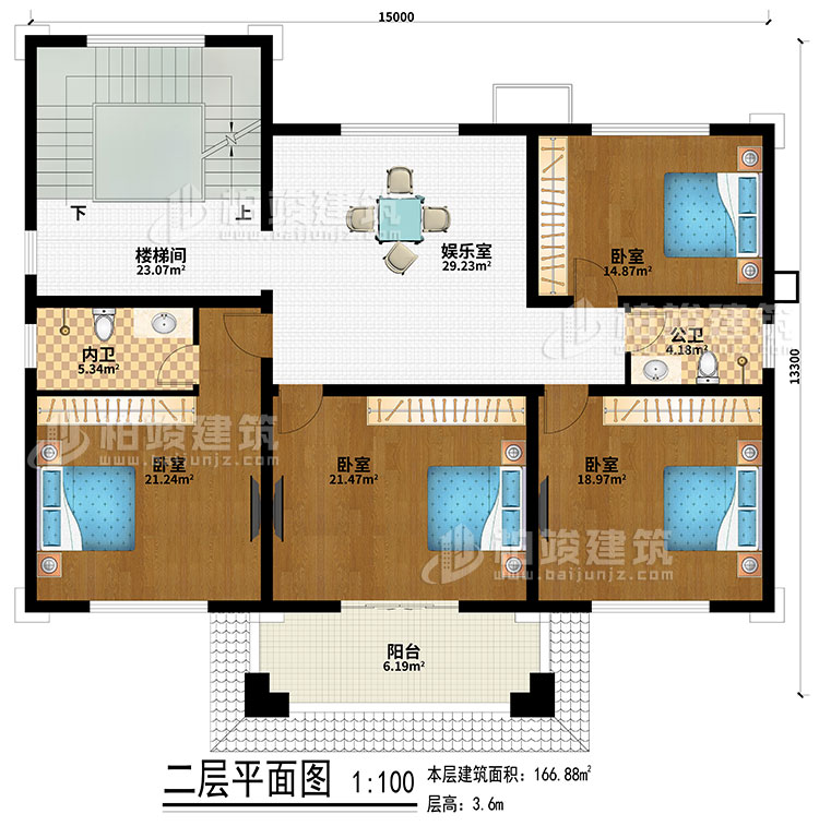 二層：樓梯間、娛樂室、4臥室、公衛(wèi)、內(nèi)衛(wèi)、陽臺