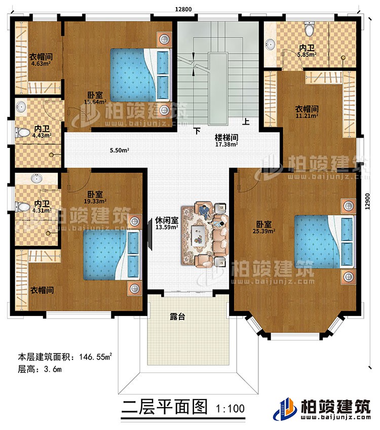 二層：樓梯間、休閑室、3臥室、3衣帽間、3內(nèi)衛(wèi)、露臺(tái)