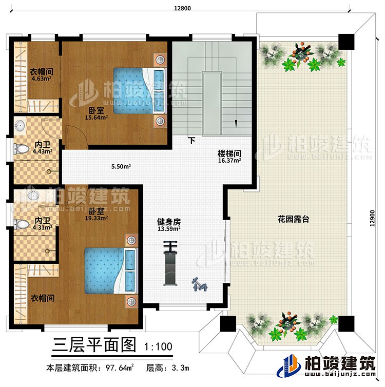 三層：健身房、樓梯間、2臥室、2衣帽間、2內(nèi)衛(wèi)、花園露臺(tái)