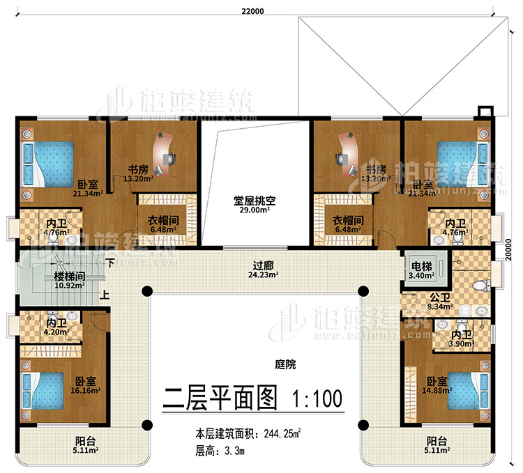 二層：堂屋挑空、過廊、樓梯間、電梯、4臥室、2衣帽間、2書房、4內(nèi)衛(wèi)、公衛(wèi)、2陽臺