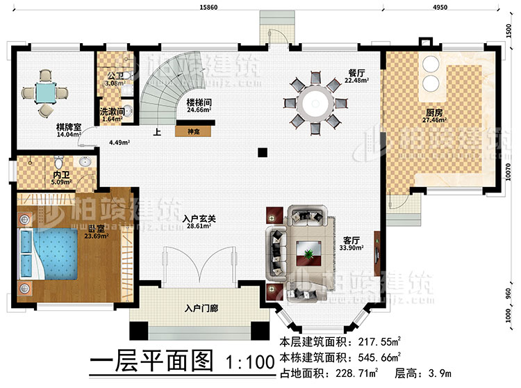 一層：樓梯間、3臥室、衣帽間、公衛(wèi)、內(nèi)衛(wèi)、陽光房、涼亭、2露臺