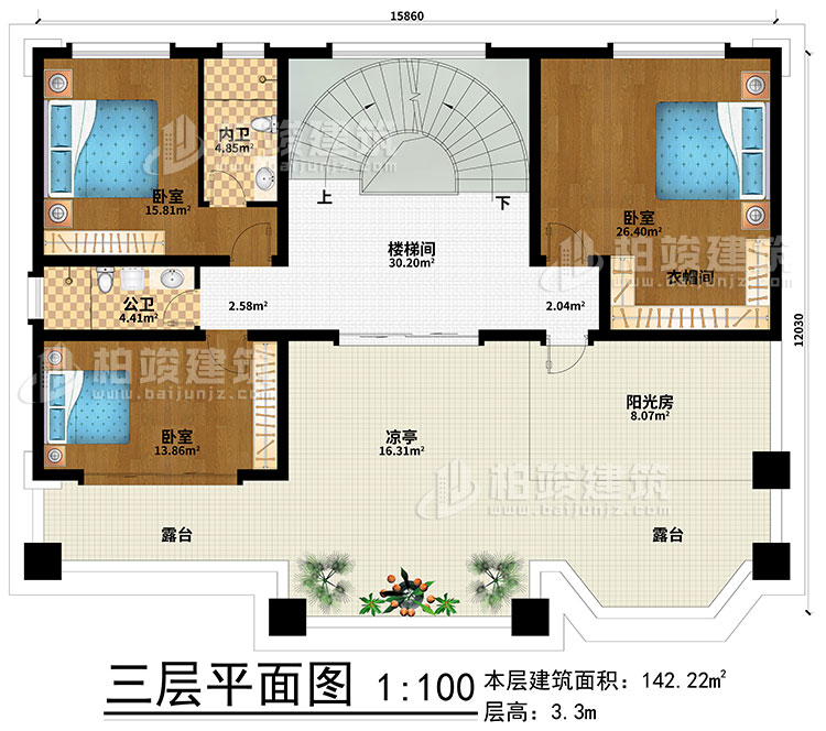 三層：樓梯間、3臥室、衣帽間、公衛(wèi)、內(nèi)衛(wèi)、陽光房、涼亭、2露臺