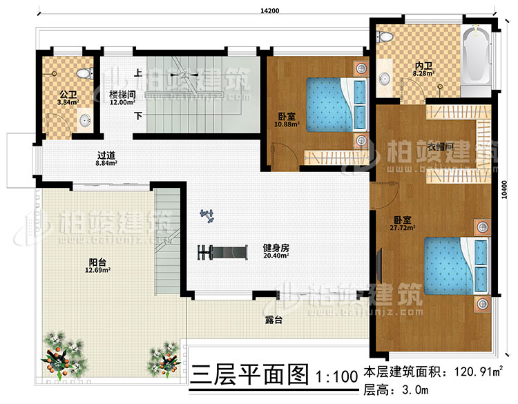 三層：健身房、樓梯間、2臥室、衣帽間、過(guò)道、公衛(wèi)、內(nèi)衛(wèi)、陽(yáng)臺(tái)、露臺(tái)