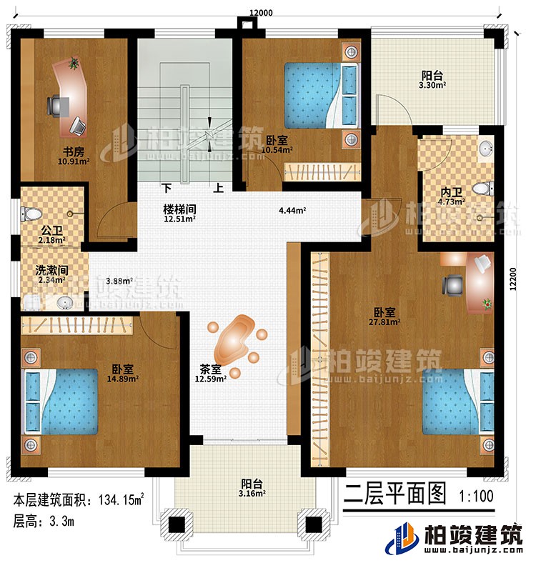 二層：樓梯間、茶室、3臥室、洗漱間、公衛(wèi)、內(nèi)衛(wèi)、2陽臺