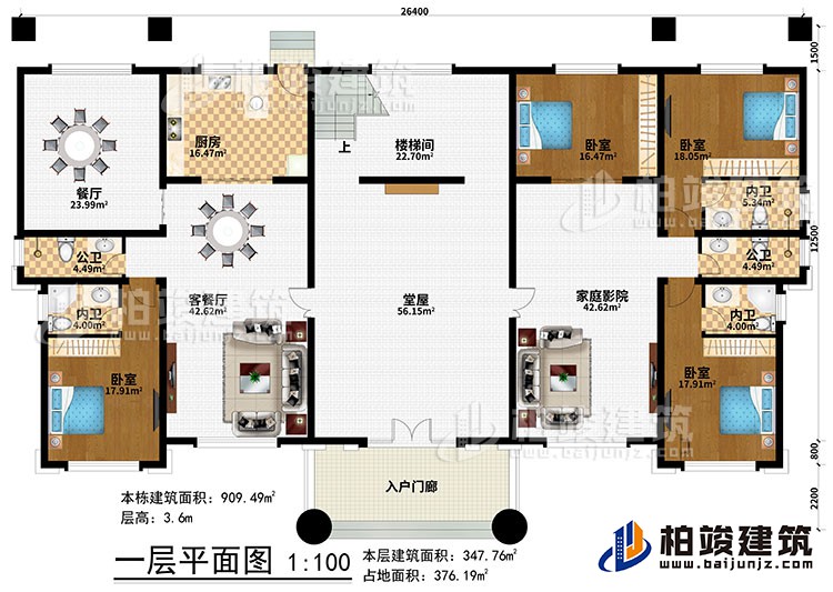 一層：入戶門廊、堂屋、客餐廳、餐廳、廚房、樓梯間、4臥室、2公衛(wèi)、3內(nèi)衛(wèi)、家庭影院