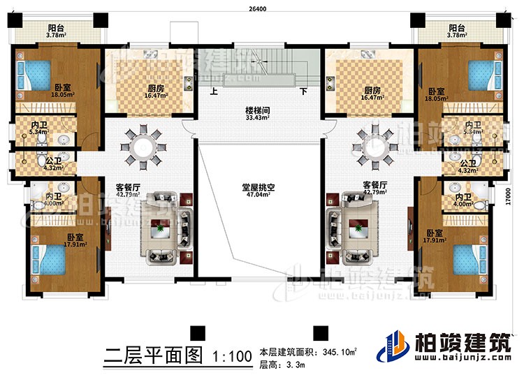 二層：堂屋挑空、樓梯間、2廚房、2客餐廳、4臥室、2公衛(wèi)、4內(nèi)衛(wèi)、2陽臺