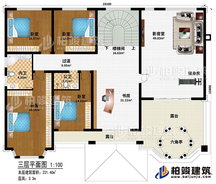 三層：樓梯間、書房、過道、4臥室、公衛(wèi)、內(nèi)衛(wèi)、影音室、健身房、2露臺、六角亭