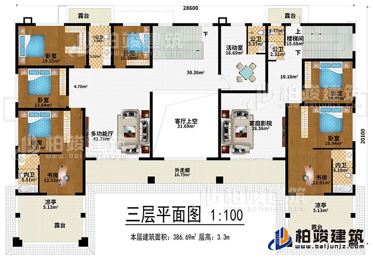 三層：多功能廳、客廳上空、家庭影院、6臥室、2書房、活動(dòng)室、3公衛(wèi)、2內(nèi)衛(wèi)、4露臺(tái)、2涼亭、外走廊、樓梯間