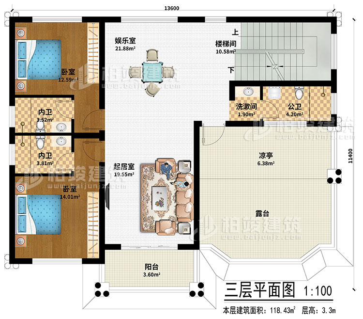 三層：起居室、娛樂室、樓梯間、2臥室、洗漱間、公衛(wèi)、2內(nèi)衛(wèi)、涼亭、陽臺、露臺