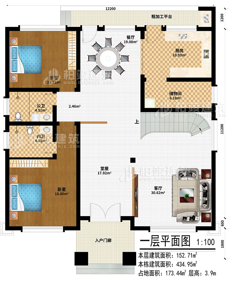 一層：入戶門廊、堂屋、客廳、餐廳、廚房、儲(chǔ)物間、2臥室、公衛(wèi)、內(nèi)衛(wèi)、粗加工平臺(tái)