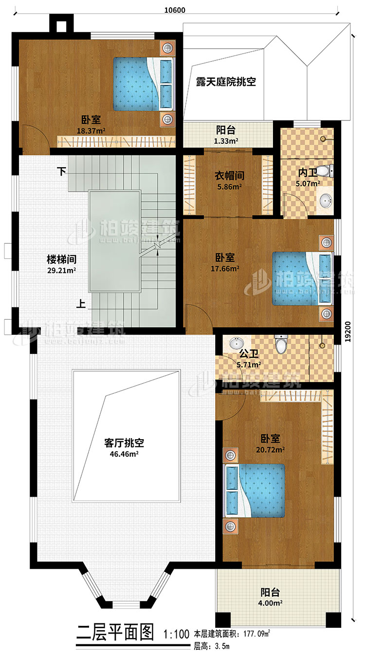 二層：樓梯間、客廳挑空、露天庭院挑空、3臥室、衣帽間、公衛(wèi)、內(nèi)衛(wèi)、2陽臺