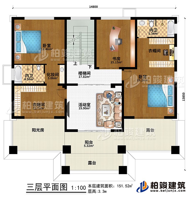三層：樓梯間、活動室、2臥室、2衣帽間、化妝間、2內(nèi)衛(wèi)、書房、陽臺、陽光房、2露臺