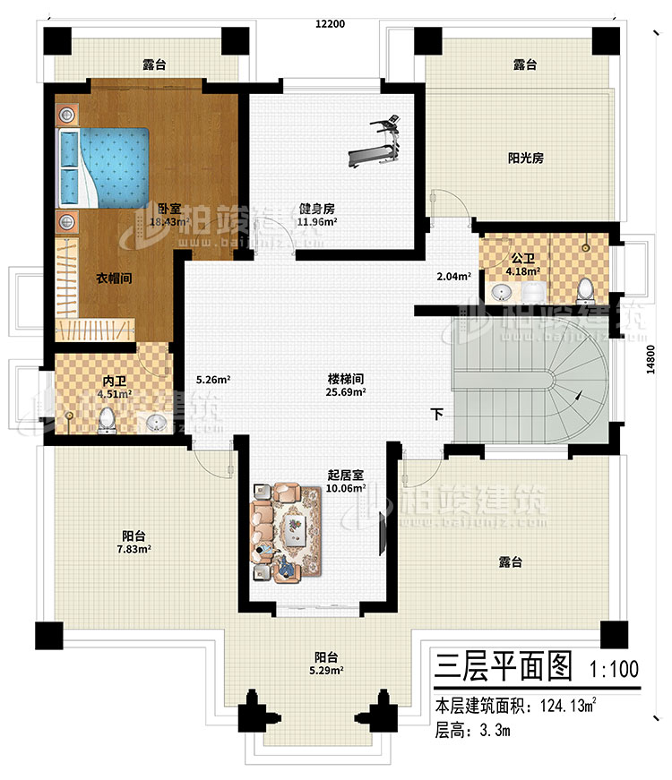 三層：起居室、樓梯間、健身房、陽光房、臥室、衣帽間、內(nèi)衛(wèi)、公衛(wèi)、2陽臺(tái)、3露臺(tái)