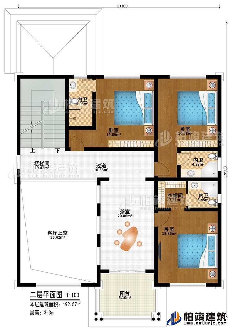 二層：樓梯間、3臥室、過(guò)道、茶室、客廳上空、衣帽間、3內(nèi)衛(wèi)、陽(yáng)臺(tái)
