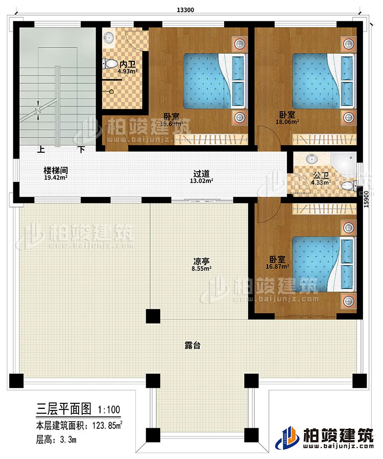 三層：樓梯間、過(guò)道、3臥室、公衛(wèi)、內(nèi)衛(wèi)、涼亭、露臺(tái)