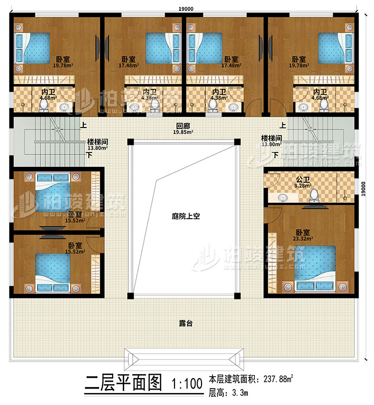 二層：回廊、露臺、庭院上空、2樓梯間、7臥室、4內(nèi)衛(wèi)、公衛(wèi)