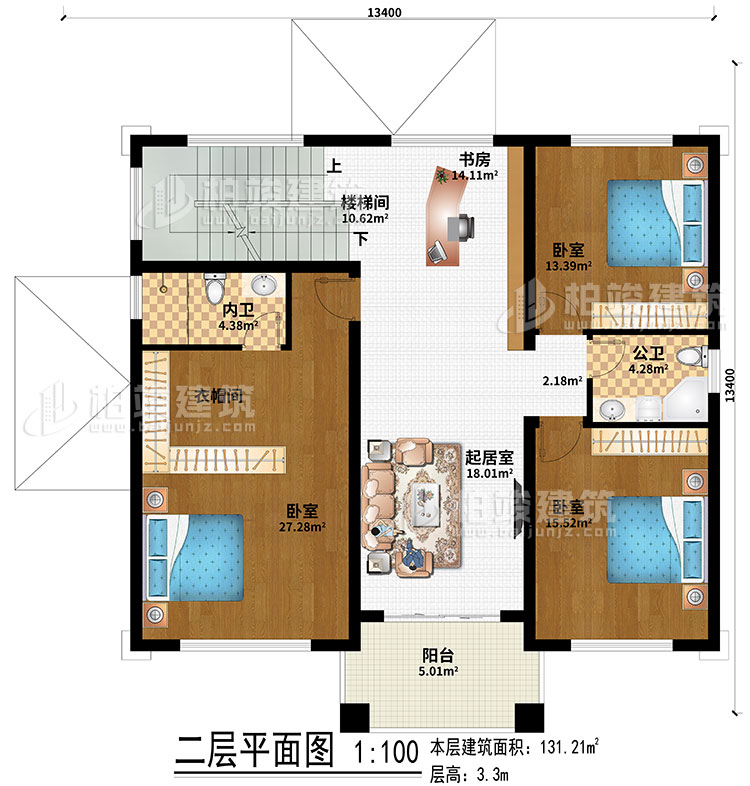 二層：室外觀景露臺、地下車庫入口、入戶門廊、玄關(guān)、客廳、神龕、茶室、樓梯間、2臥室、公衛(wèi)、內(nèi)衛(wèi)