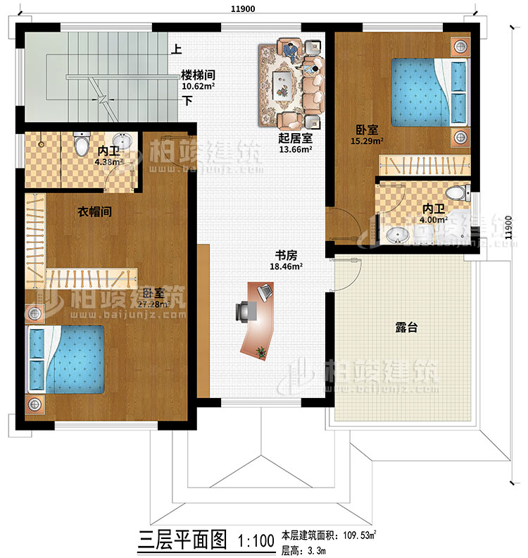 三層：2臥室、起居室、樓梯間、衣帽間、書房、2內(nèi)衛(wèi)、露臺