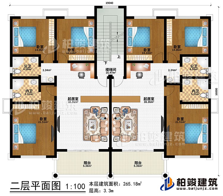 二層：2起居室、樓梯間、6臥室、2公衛(wèi)、2內(nèi)衛(wèi)、2陽臺(tái)