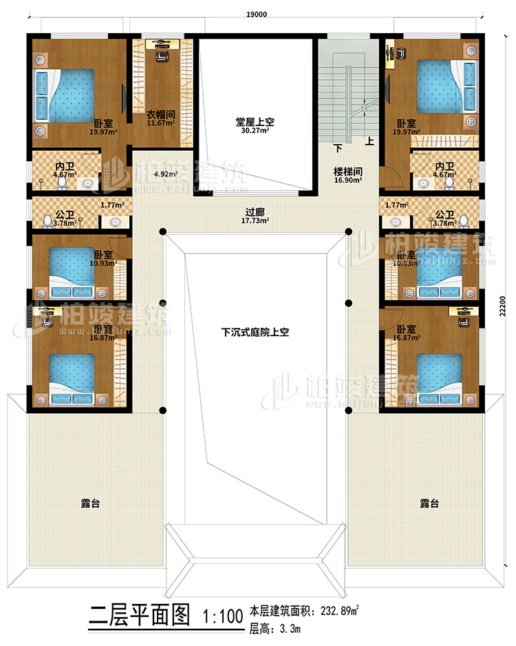 二層：下沉式庭院上空、堂屋上空、樓梯間、過(guò)廊、6臥室、衣帽間、2公衛(wèi)、2內(nèi)衛(wèi)、露臺(tái)