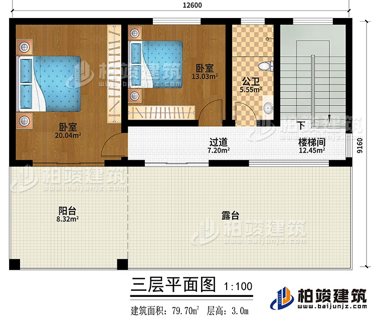 三層：過(guò)道、樓梯間、2臥室、公衛(wèi)、陽(yáng)臺(tái)、露臺(tái)