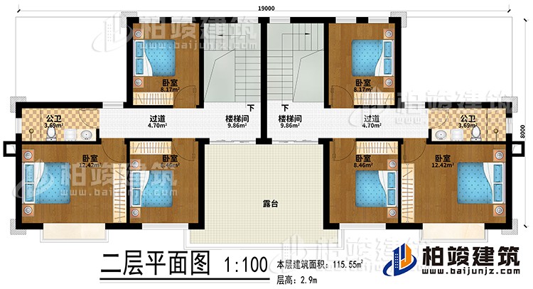 二層：2樓梯間、6臥室、2公衛(wèi)、2過道、露臺
