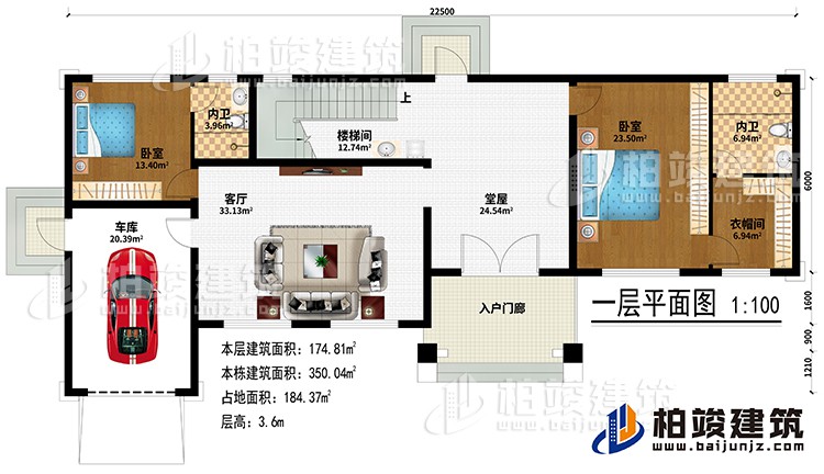 一層:入戶門廊、堂屋、客廳、車庫、樓梯間、2臥室、衣帽間、2內(nèi)衛(wèi)