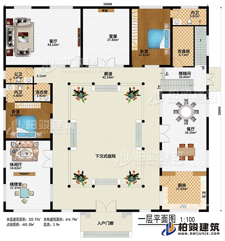 一層：入戶(hù)門(mén)廊、下沉式庭院、廊道、堂屋、神龕、客廳、餐廳、廚房、休閑廳、棋牌室、農(nóng)具房、樓梯間、2臥室、2內(nèi)衛(wèi)、公衛(wèi)、洗衣房