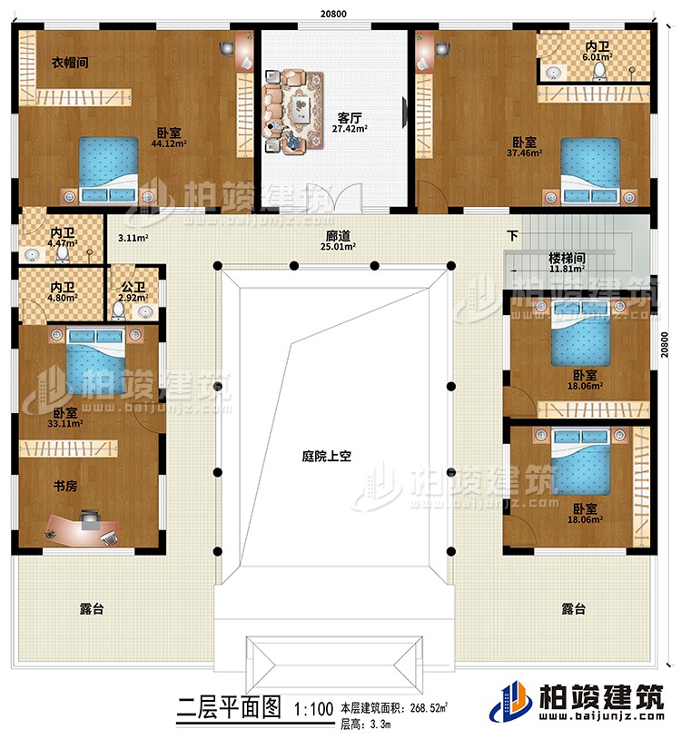 二層：樓梯間、廊道、庭院上空、客廳、5臥室、衣帽間、書(shū)房、3內(nèi)衛(wèi)、公衛(wèi)、2露臺(tái)