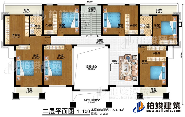 二層：堂屋挑空、入戶門廊挑空、客廳、過道、樓梯間、6臥室、4衣帽間、公衛(wèi)、內衛(wèi)、4陽臺