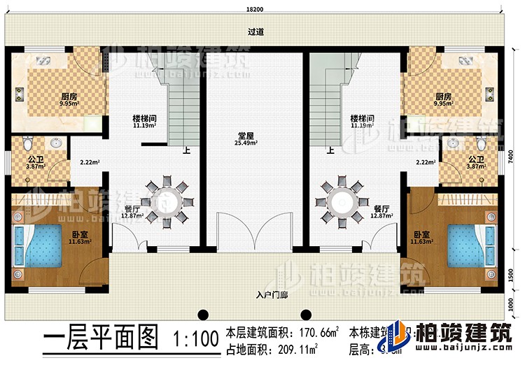 一層：入戶門廊、過道、堂屋、2廚房、2樓梯間、2餐廳、2臥室、2公衛(wèi)