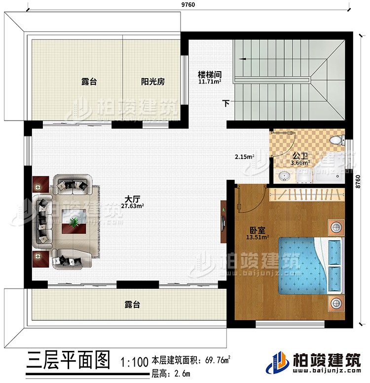 三層：樓梯間、大廳、臥室、公衛(wèi)、陽光房、2露臺