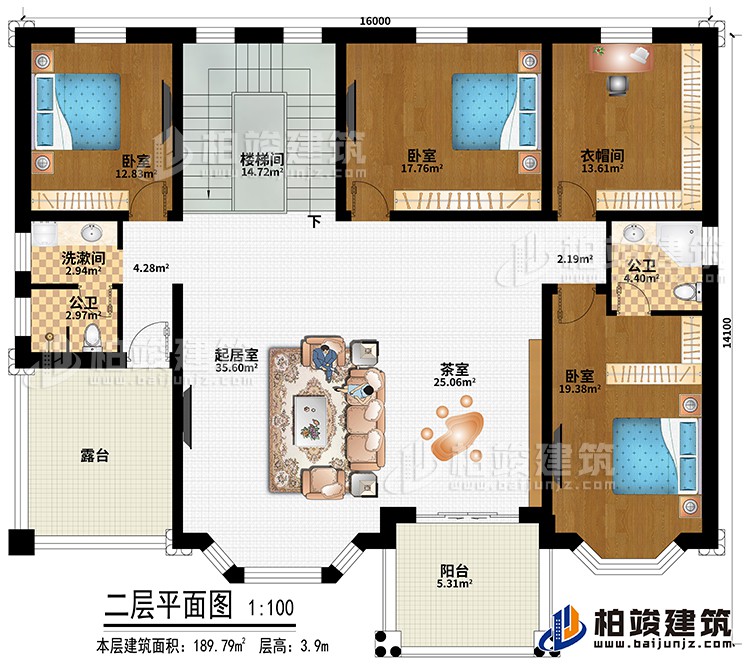 二層：樓梯間、起居室、茶室、3臥室、衣帽間、洗漱間、公衛(wèi)、內(nèi)衛(wèi)、陽臺、露臺
