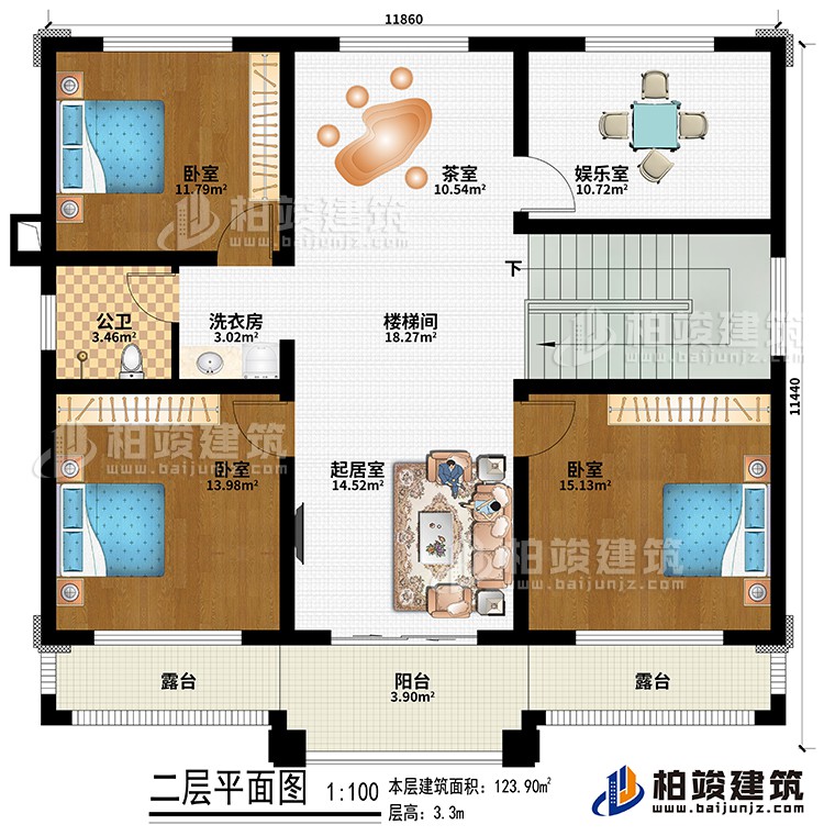 二層：樓梯間、起居室、茶室、3臥室、娛樂室、洗衣房、公衛(wèi)、陽臺、2露臺