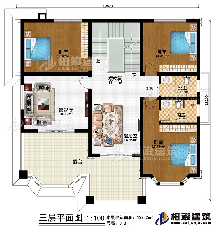 三層：樓梯間、起居室、影視廳、3臥室、公衛(wèi)、內(nèi)衛(wèi)、露臺(tái)